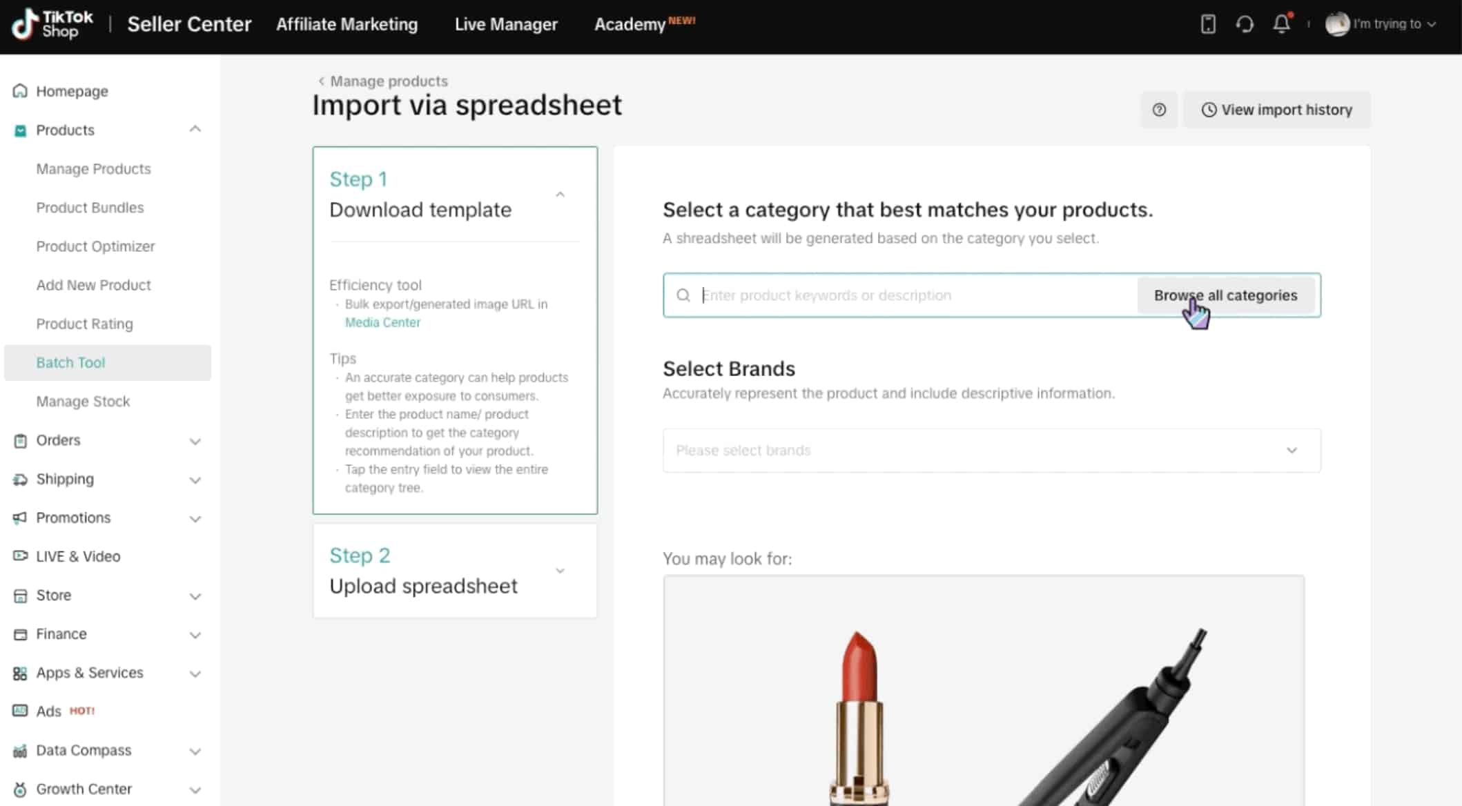 Product batch tool on Tiktok shop
