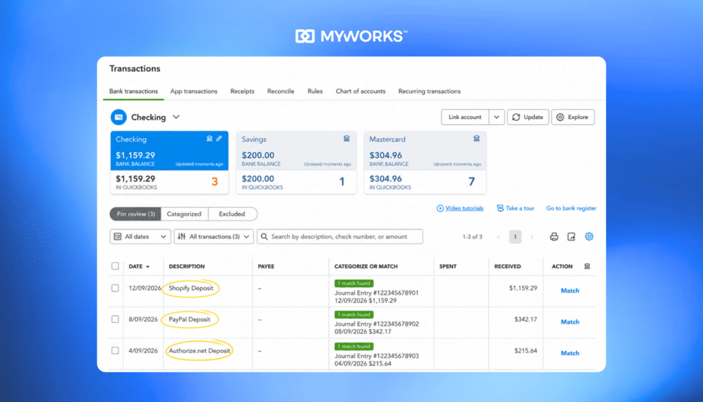 MyWorks lets you map each payment method in your store to its own QuickBooks bank account